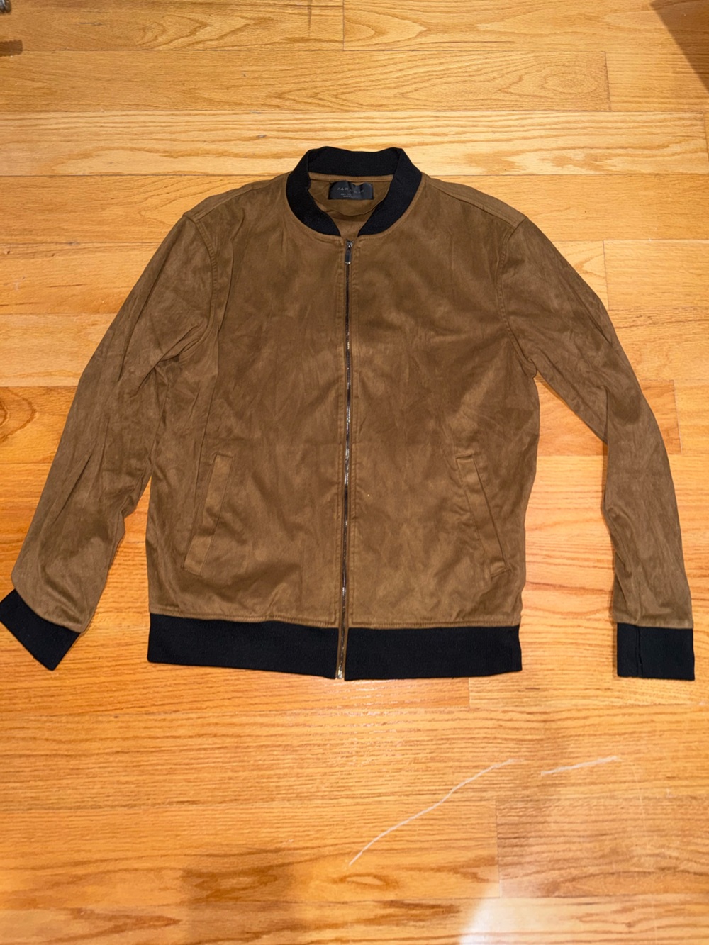 Zara Brown Suede Jacket with Black Ribbed Trim